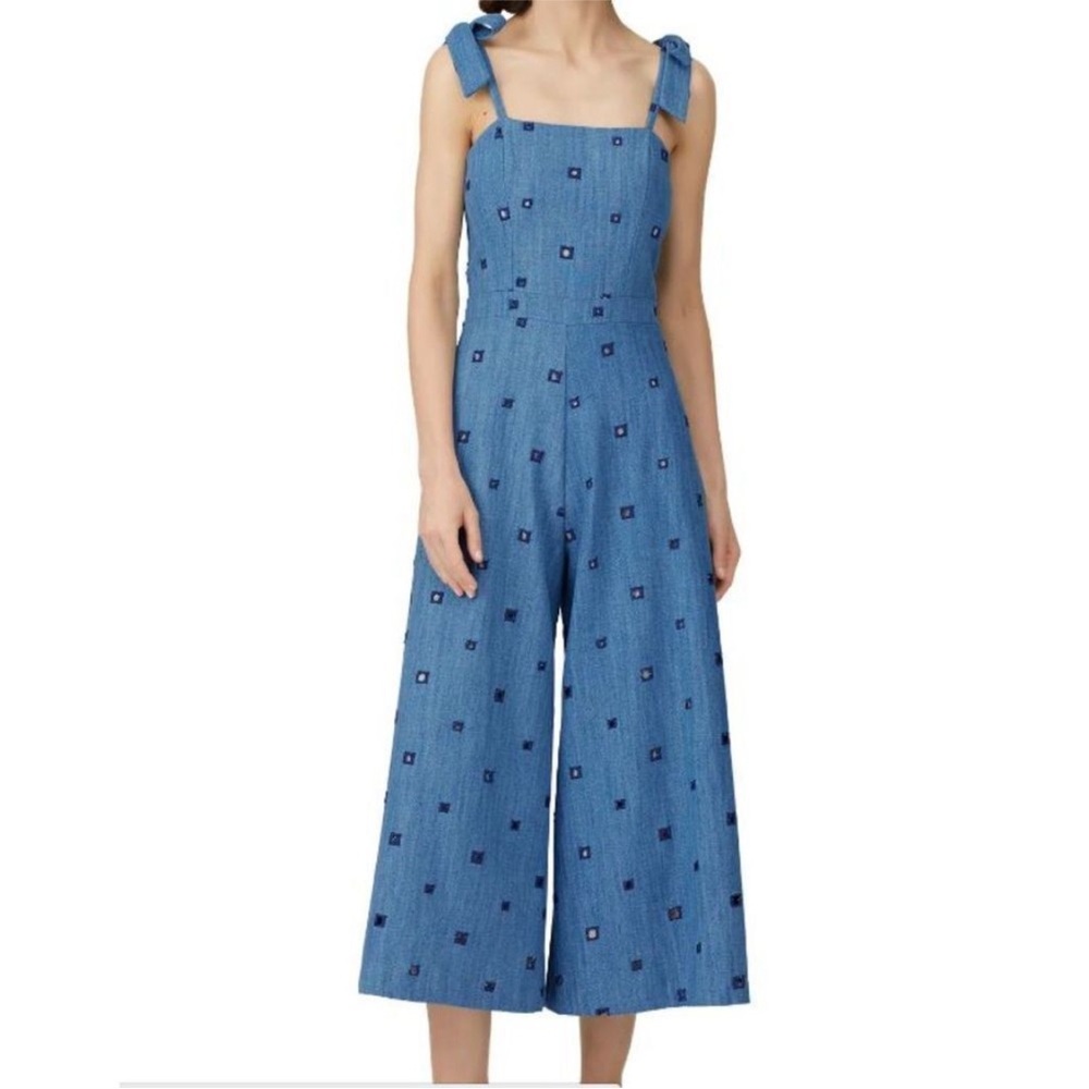Hunter Bell Alex Jumpsuit Romper Chambray Denim Embroidered Detail Women Size 8